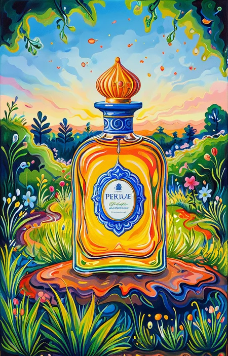 masterpiece,best quality,<lora:tbh25-sdxl:0.9>,illustration, A bottle of perfume in garden