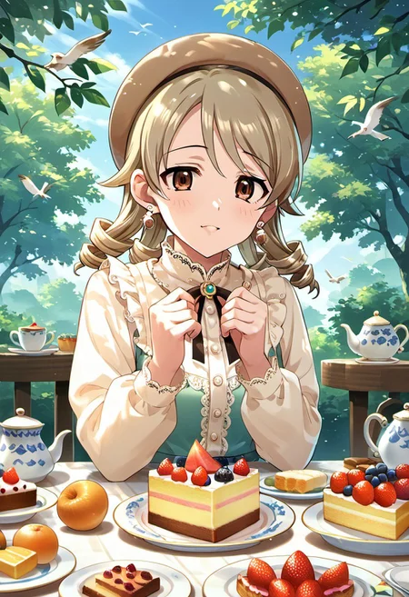 score_9, score_8_up, score_7_up, source_anime, morikubo nono, brown eyes, drill hair, light brown hair, 1girl, jewelry, food, bird, earrings, hat, cake, fruit, tiered tray, tree, cup, teapot