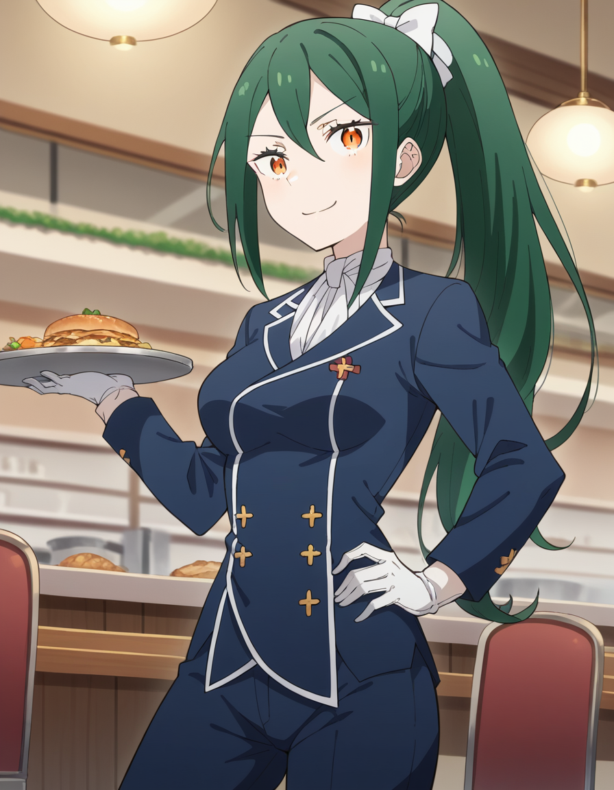score_9, score_8_up, score_7_up, source_anime, <lora:crusch-karsten-s3-p1-ponyxl-lora-nochekaiser:1>, crusch karsten, long hair, hair between eyes, green hair, orange eyes, medium breasts,, gloves, ponytail, white gloves, uniform, long sleeves, pants, blue uniform, blue pants, hair bow,, cafeteria, tables, food trays, chairs, line, smile, smug, hand on own hip,, looking at viewer, solo,, dutch angle, cowboy shot