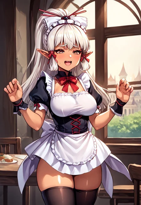 sscore_9, score_8_up, score_7_up, score_6_up, score_5_up, score_4_up, source_anime, , (best quality) , (highly detailed) , (best quality) , (highly detailed) ,((masterpiece)), ((best quality)), (ultra-detailed), ((extremely detailed)), (high resolution), 4K, (8K), best quality, (beautiful), (dynamic lighting), (super detailed skin),, shiny skin, masterpiece ,absurdres ,detailed face ,beautiful face , paya, elf ears, pointy ears, Dark skin, high ponytail, Dark Skinned Female hair ribbon, dynamic pose,standing at attention, White Hair
,<lora:fatesmaid-fe-richy-v1_pdxl:1> fates maid, maid headdress, maid apron, bridal gauntlets, black thighhighs, smile, open mouth, half-closed eyes, blush, embarrassed, shy