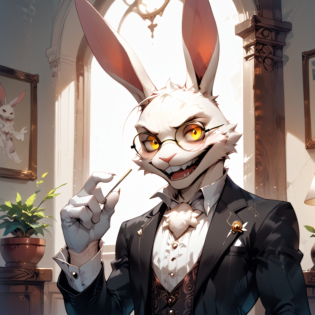 score_9, Score_8_up, Score_7_up, 6k, 8k, best quality, Furry, Anthro, seductive, furry, sexy male, (DMCRabi, White Rabbit, tall and slim, yellow eyes, crazy, bunny, wearing a black suit, white cravat, ruffled cuffs, glasses with round lenses, white gloves), inside a compact studio apartment, minimalist furniture, small kitchenette, framed art on the walls, Neutral tones, , <lora:IncaseLycoXL:0.6> <lora:Expressive_H:0.5> <lora:g0th1cPXL:0.5> <lora:princess_xl_v2:0.6> <lora:DMCRabi:0.8> <lora:Fant5yP0ny:1>