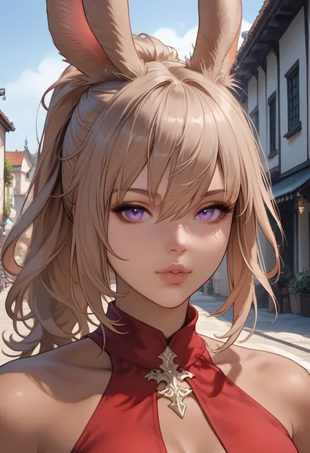 score_9, score_8_up, score_7_up, score_6_up, score_5_up, score_4_up, FFXIV_Viera, solo, looking at viewer, 1girl, rabbit ears, (dark skin), light brown hair, purple eyes, long hair, ponytail, sidelocks, hair between eyes, bangs, perky breasts, thick thighs, fit body, narrow waist, wide hips,
((portrait, close up, focus on her face, upper body)), final fantasy red mage, red mage, arms on hips, expressive eyes, photo background, final fantasy XIV city, street, limsa lominsa