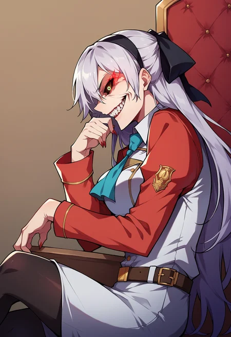 score_9, score_8_up,score_7_up,score_6_up, source_anime,solgo, sharp teeth, evil grin, black sclera, glowing eyes,portrait, zeroElie, black hairband, hair ribbon, long hair, ascot, uniform, long red sleeves, white dress, pencil skirt, belt, black pantyhose,sitting on throne, green eyes,from side,
<lora:Solgo-grin-v1-potat:1>
<lora:elie-pdxl-nvwls-v1:1>