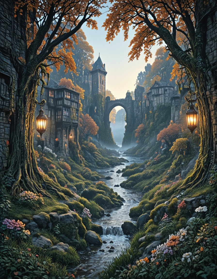 <lora:Medieval_Worlds_Special_fl:1> medieval, very detailed, river, moss, illuminated, lanterns, flowers, roots, grass, mw01out, realistic photo, bokeh, white, gold, T2, T8, green, fantasy, T10, landscape, rocks, tree, vegetation, moss, rough sea, waterfall, sunset, blue, orange, yellow, brown, mist, autumn,