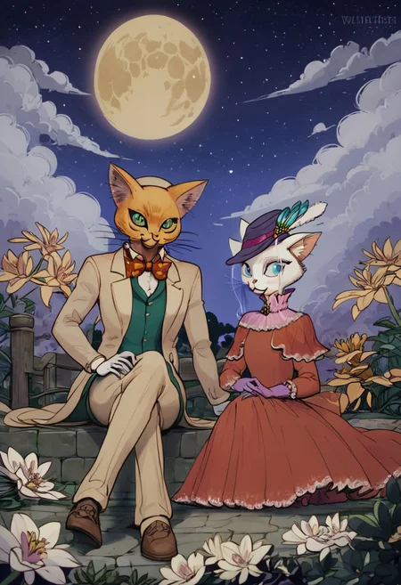 score_9, score_8_up, score_8, cute, in the style of beatrix potter, cel-shading, fca style, baroness louise, white fur, cat, female cat, blue eyes, anthro, gloves, purple hat, elegant hat, red dress, looking at viewer, beautiful eyes, 1girl, BREAK
baron humbert, ginger fur, blue eyes eyes, cat, male, anthro, suit, tuxedo, blue blow-tie, white gloves, 1boy, BREAK
duo, sitting, outside, looking at sky, moon, at night, starry sky, woth design