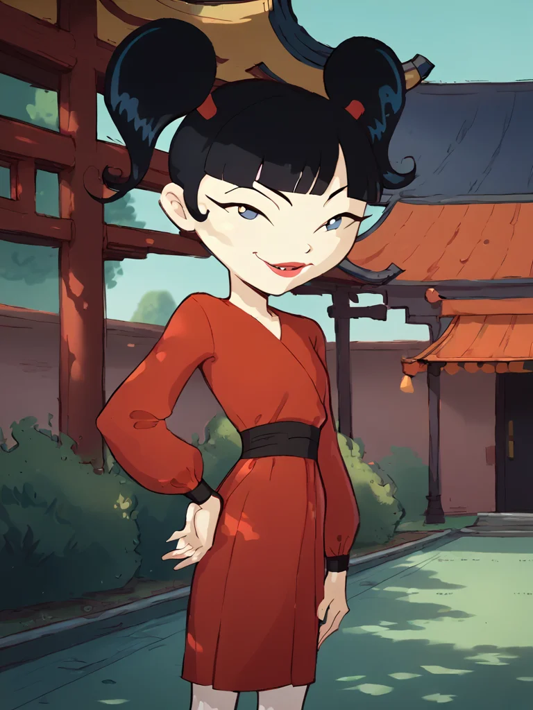 <lora:KimikoPony1.0:1> kimiko 1girl, black hair, solo, twintails, bangs, smile, long sleeves, red dress, blunt bangs, looking at viewer, lipstick,looking at viewer, hand on own hip,outdoors, score_9, score_8_up, score_7_up, score_6_up <lora:Smooth Anime Style LoRA XL:1>