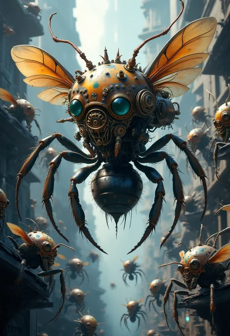 Imagine a fantasy world in which industrious ants of various bizarre yfg-bgy species and shapes, rendered in steampunk style, inhabit a bustling metropolis. Describe the intricate societies, modes of aerial travel, and unique adaptations that allow these amazing yfg-bgy creatures to thrive in their tangled underground and aerial communities. Photo-realism, high resolution.