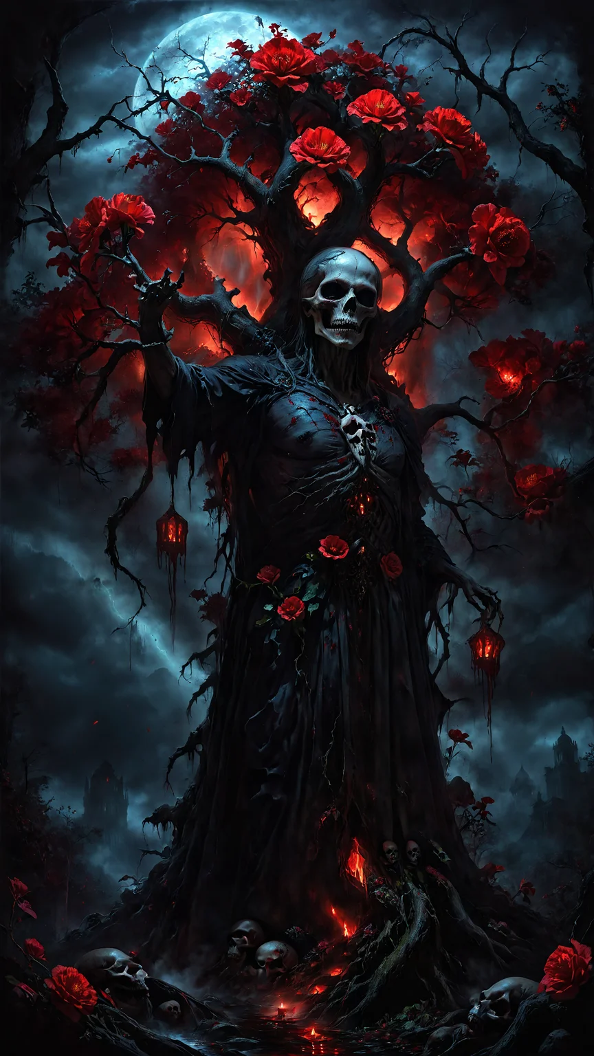 Horror theme, dark and eerie atmosphere, hyperrealistic, bloody stream, ominous tree with twisted branches, skulls scattered around the base, vibrant red flowers, ethereal lighting, glowing moon in the background, dramatic shadows, intricate details, haunting ambiance, realistic textures, misty fog, unsettling and creepy, gothic elements, red and black color palette, ultra-quality, foreboding scene, sinister mood, ethereal glow, detailed background, magical elements, mysterious and terrifying, lifelike depiction, horror setting, gloomy sky, surreal and nightmarish, ghostly presence
<lora:zavy-cntrst-sdxl:2> dark, chiaroscuro, low-key