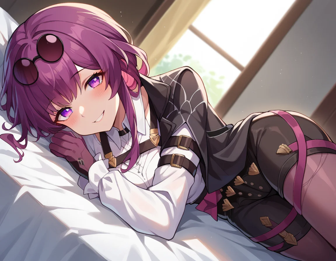 score_9, score_8_up, score_7_up, source_anime,
honkaikafka, <lora:honkai-kafka-ponyxl-lora-nochekaiser:1>,
kafka, eyewear on head, round eyewear, purple eyes, purple hair, long hair, smile,
black jacket, gloves, high-waist shorts, jacket, pantyhose, pantyhose under shorts, shirt, shorts, white shirt
indoors, bed, bed room, on side, blush, drunk,
looking at viewer, dutch angle, cowboy shot,