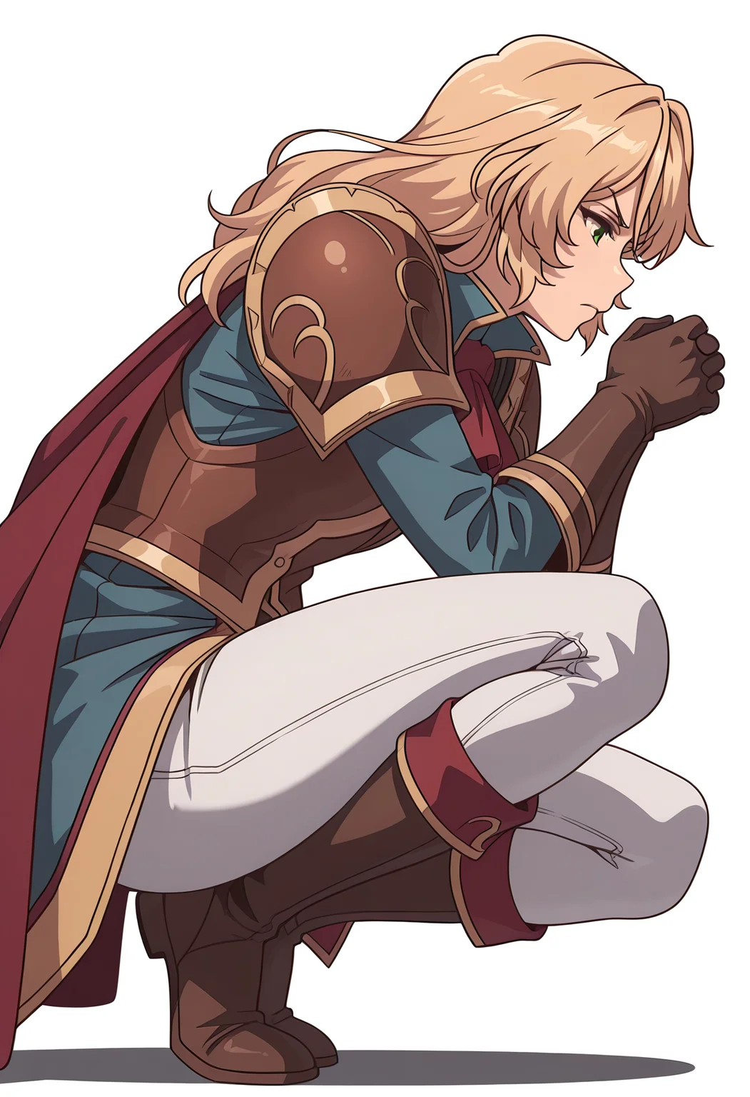 Smooth Quality,masterpiece,very intricate, high quality details, ultra realistic, high detailed skin,detailed enviorement,absurdres,
simple background, white background,
from side,frown,crouching, hands together, foot forward, intense, ready,  ,
 <lora:Blade_cnn:0.8>bladecnn,1girl,  blonde hair, green eyes, long hair, armor, uniform, long sleeves, gloves, white pants, ascot,shoulder armor,cape, coat,
