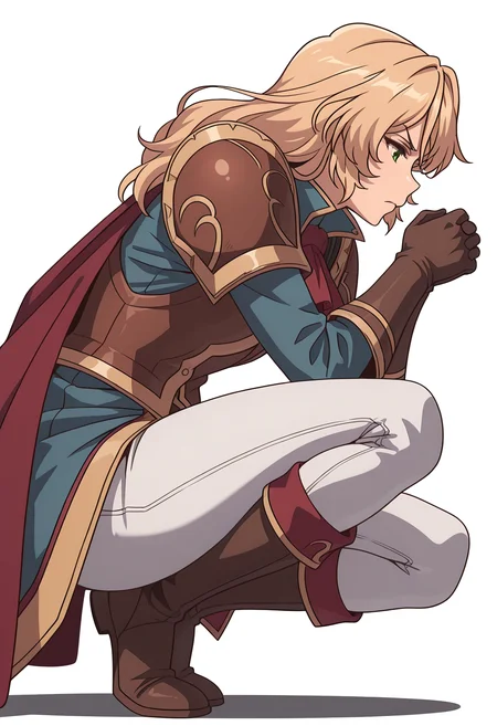 Smooth Quality,masterpiece,very intricate, high quality details, ultra realistic, high detailed skin,detailed enviorement,absurdres,
simple background, white background,
from side,frown,crouching, hands together, foot forward, intense, ready, ,
<lora:Blade_cnn:0.8>bladecnn,1girl, blonde hair, green eyes, long hair, armor, uniform, long sleeves, gloves, white pants, ascot,shoulder armor,cape, coat,