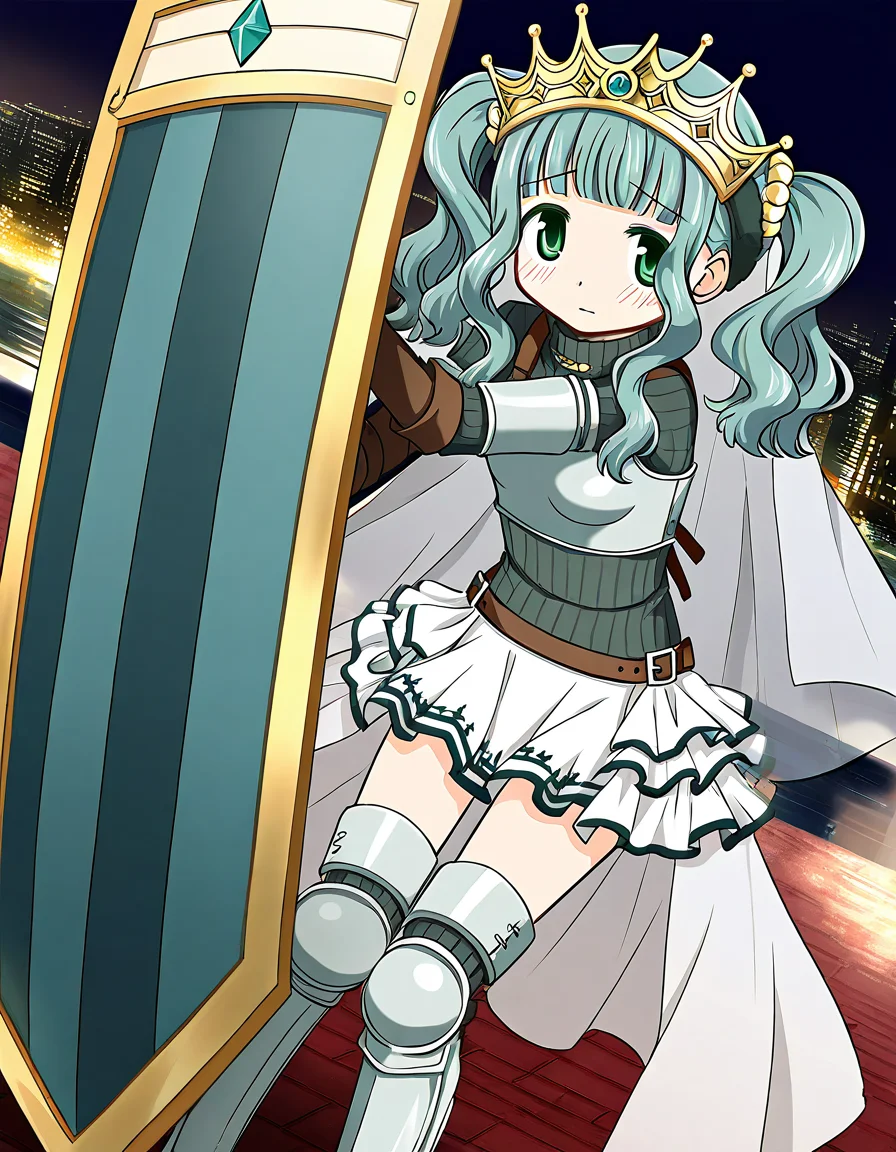masterpiece, best quality, newest, absurdres, highres, safe, 1girl, futaba sana, magia record: mahou shoujo madoka magica gaiden, armored boots, holding shield, solo, city, night, dutch angle, <lora:futaba_sana_noobaiXLNAIXL_vPred10Version:0.7>