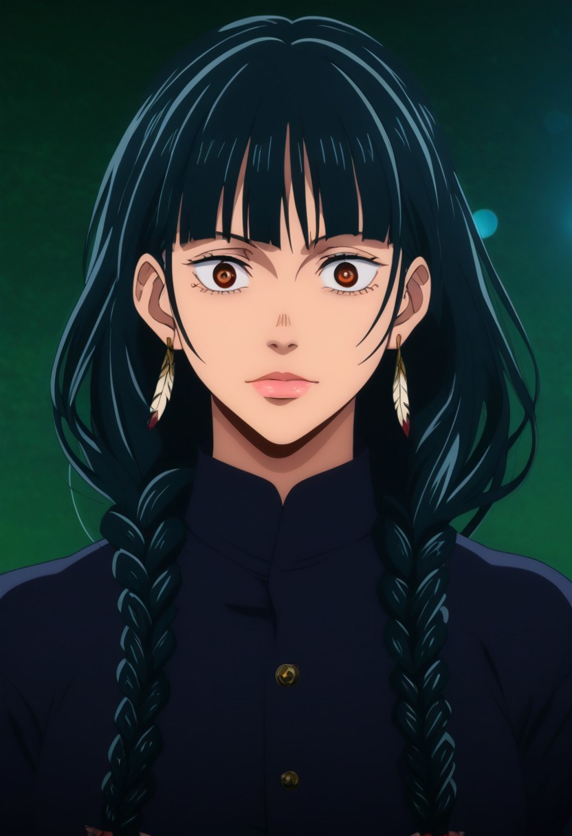 score_9, score_8_up, score_7_up, source_anime, intricate details, anime screencap, perfect balance, official art, extremely detailed CG unity 8k wallpaper, perfect lighting, Colorful, Warm_Front_face_Lighting, (masterpiece:1.0),(best_quality:1.0), ultra high res,4K,ultra-detailed, photography, 8K, HDR, highres, absurdres:1.2, Kodak portra 400, blurry background, bokeh, lens flare, (Anime) (vibrant_color:1.2), professional photograph, night, (cute_face:1.2), 2d, anime, upper body, intricate iris, American, Professional character design, 1girl, female focus, (Brown eyes), perfect eyes, (black-hair), Native American, Indigenous, American Indian, youthful, solo, jujutsu_kaisen_style, character portrait, (perfect-lighting), face, young, (Dark-black-hair), Long hair, (Native American), Indigenous, American Indian, (((wild eyes))), (Native North American), (Upturned eyes), (high cheekbones), (strong jawline), (Black Hair), ((((Native-American-Eagle-feather-braids, Native American Eagle feather accessories)))), (Black Cowboy Jacket), (((wild eyes))) ((Bobbed Bangs)) (((Slanted-Eyes))) (Psycho) (Happy) (Friendly) (Goofy) (Dark Black Jacket) (White Dress Shirt), (Warpaint), (Redwood Forest, Pacific Northwest Forests), (Inuit), (Tan skin), (Dark Skin), (Brown skin), (bobbed hair), White Eagle-Feather-Earrings, Thick Bangs, Bobbed hair, Bob-cut, White-Feather-Earrings, Brown-skin, Inuit Face-paint, Full-Bangs, Wide-Bangs, Thick-Hair, Native Face-paint