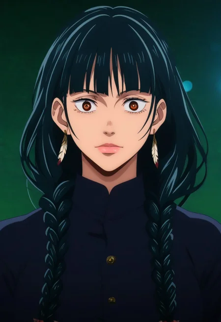 score_9, score_8_up, score_7_up, source_anime, intricate details, anime screencap, perfect balance, official art, extremely detailed CG unity 8k wallpaper, perfect lighting, Colorful, Warm_Front_face_Lighting, (masterpiece:1.0),(best_quality:1.0), ultra high res,4K,ultra-detailed, photography, 8K, HDR, highres, absurdres:1.2, Kodak portra 400, blurry background, bokeh, lens flare, (Anime) (vibrant_color:1.2), professional photograph, night, (cute_face:1.2), 2d, anime, upper body, intricate iris, American, Professional character design, 1girl, female focus, (Brown eyes), perfect eyes, (black-hair), Native American, Indigenous, American Indian, youthful, solo, jujutsu_kaisen_style, character portrait, (perfect-lighting), face, young, (Dark-black-hair), Long hair, (Native American), Indigenous, American Indian, (((wild eyes))), (Native North American), (Upturned eyes), (high cheekbones), (strong jawline), (Black Hair), ((((Native-American-Eagle-feather-braids, Native American Eagle feather accessories)))), (Black Cowboy Jacket), (((wild eyes))) ((Bobbed Bangs)) (((Slanted-Eyes))) (Psycho) (Happy) (Friendly) (Goofy) (Dark Black Jacket) (White Dress Shirt), (Warpaint), (Redwood Forest, Pacific Northwest Forests), (Inuit), (Tan skin), (Dark Skin), (Brown skin), (bobbed hair), White Eagle-Feather-Earrings, Thick Bangs, Bobbed hair, Bob-cut, White-Feather-Earrings, Brown-skin, Inuit Face-paint, Full-Bangs, Wide-Bangs, Thick-Hair, Native Face-paint