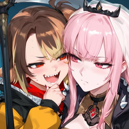 (2girls masterpiece, perfect quality, best quality, absolutely eye-catching, absurdres), highres, newest,
mori calliope, pink hair, red eyes ,long hair, red eyes, scythe, annoyed, sighing ,looking to the side, tired, funny expression, BREAK,
gigi murin, sharp smile, outgoing, brown hair, multi-colored hair, smiling, funny expression, pink eyes, annoying, laughing,, chocopizza, gremlin