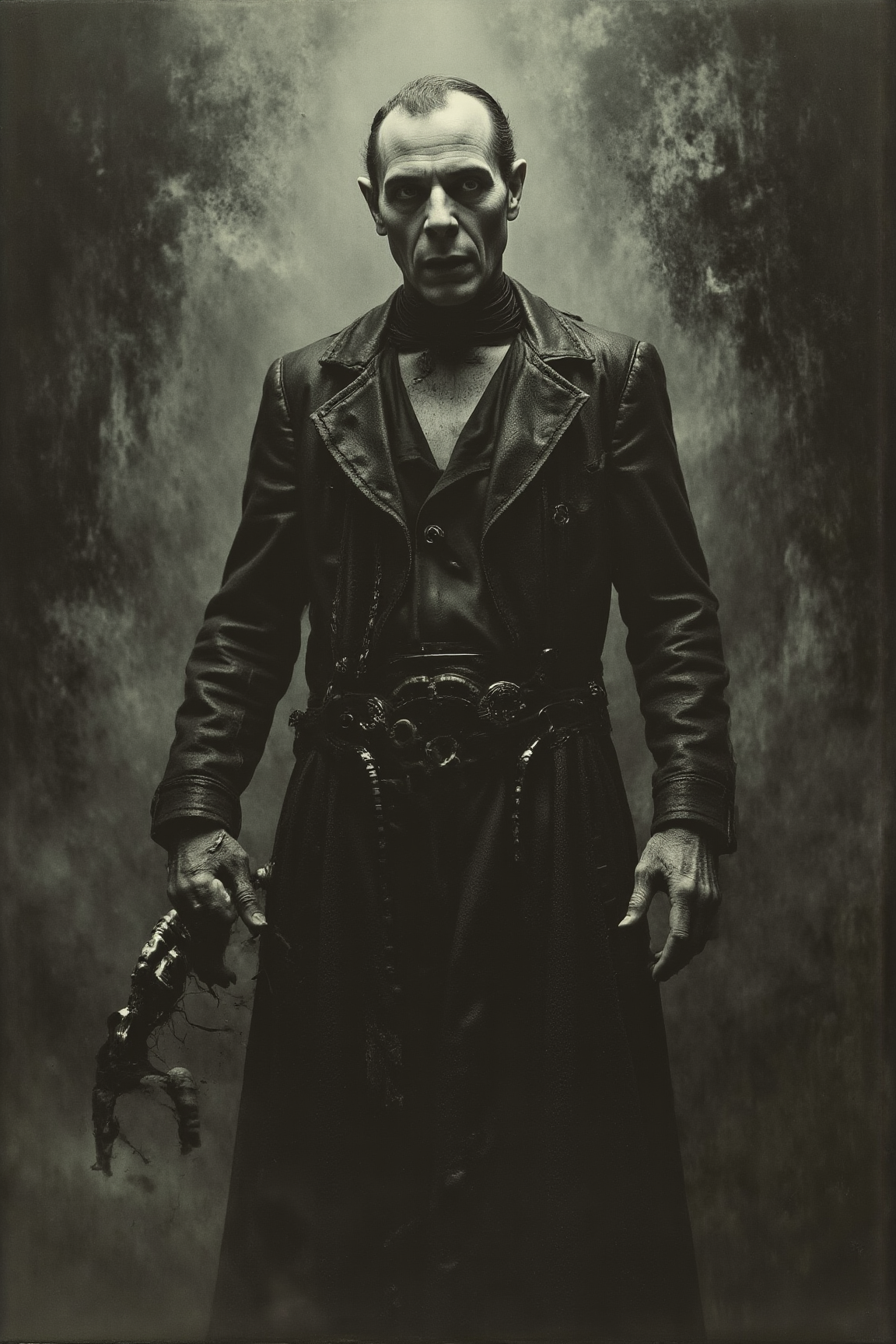 YFG-V1nt, Nosferatu, photography style, mist, dramatic shadows, dynamic lights, high contrast lights and shadows, gray background studio, top hard light, Dark environment, black over black, highly detailed, masterful painting in the style of Anders Zorn | Marco Mazzoni | Yuri Ivanovich, Aleksi Briclot, Jeff Simpson, oil on canvas, photorealistic, candid camera, color graded cinematic, eye catch lights, atmospheric lighting, skin pores, imperfections, natural, shallow DOF, highly detailed.