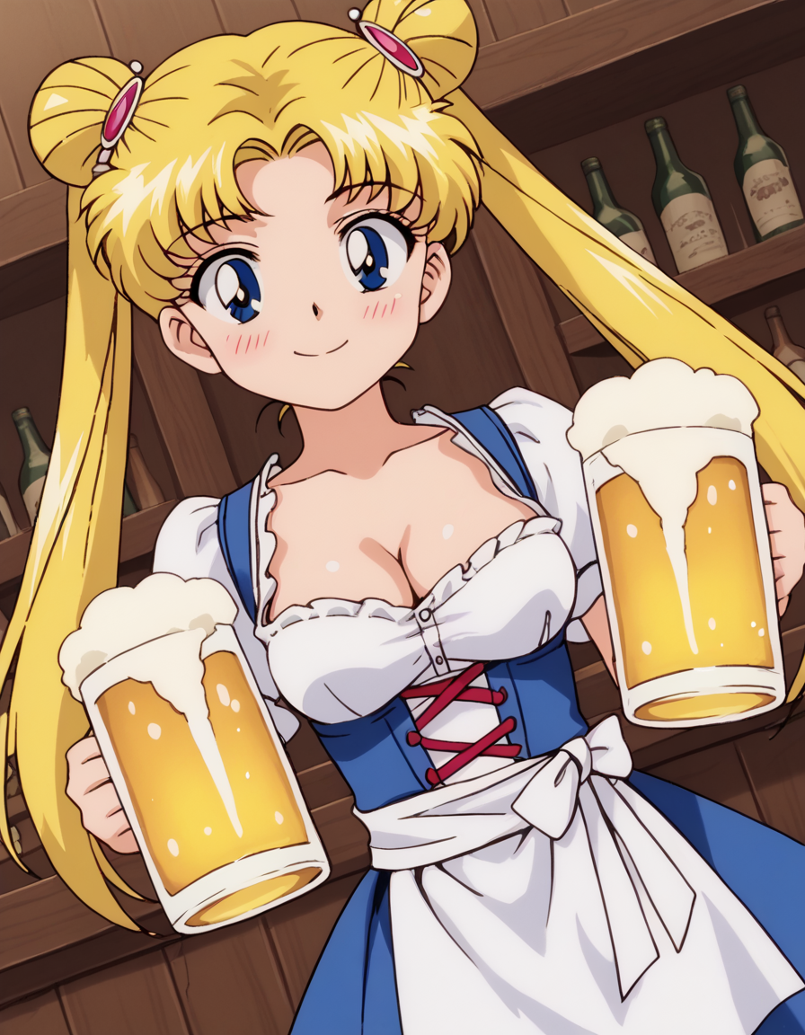 score_9, score_8_up, score_7_up, source_anime, <lora:usagi-tsukino-supers-movie-ponyxl-lora-nochekaiser:1>, usagi tsukino, blonde hair, blue eyes, double bun, hair bun, hair ornament, long hair, twintails, circlet, parted bangs,, <lora:dirndl-ponyxl-lora-nochekaiser:1>, dirndl, german clothes, beer mug, collarbone, cleavage, beer, underbust, waist apron,, indoors, bar, smile, blush,, , cowboy shot, dutch angle