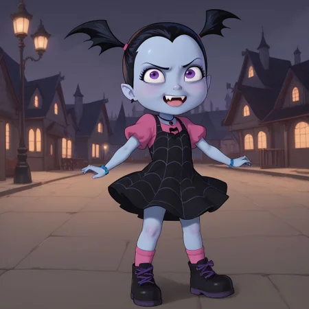 score_9, score_8, score_9, vampirina, black hair, blue skin, purple eyes, dress, fangs, scowl, outdoors, spooky, dark