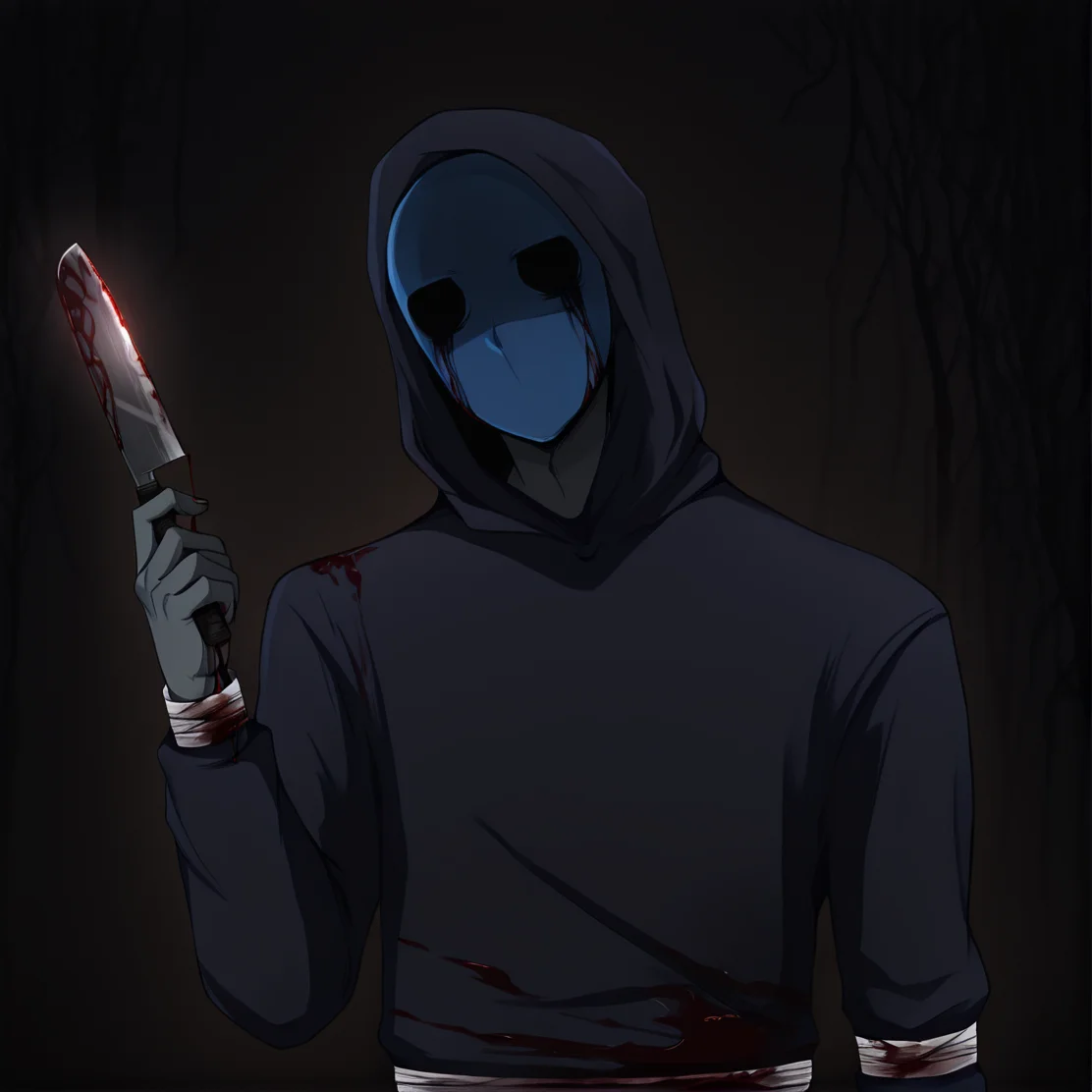 <lora:Eyeless_Jack:1> jack, hood, solo, blue mask, 1boy, male focus, grey skin, masterpiece, high quality, close view, surgical mask, blood on clothes, <lora:DarkerThanBlackIllustrious:1> masterpiece \(quality\), dark, dim lighting, dark forest background, holding machete, bandages,