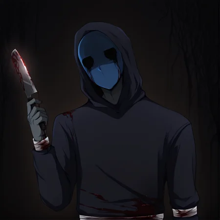 <lora:Eyeless_Jack:1> jack, hood, solo, blue mask, 1boy, male focus, grey skin, masterpiece, high quality, close view, surgical mask, blood on clothes, <lora:DarkerThanBlackIllustrious:1> masterpiece \(quality\), dark, dim lighting, dark forest background, holding machete, bandages,