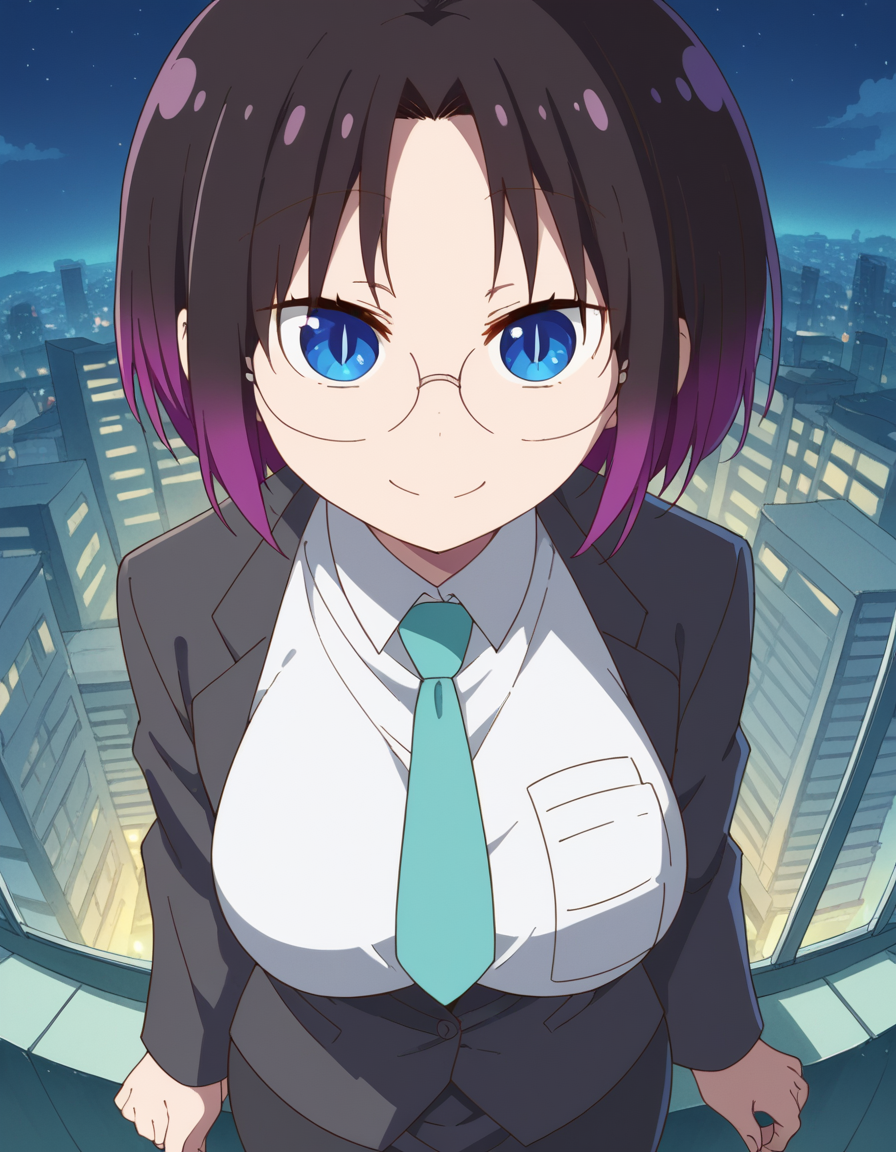 score_9, score_8_up, score_7_up, source_anime, <lora:dragon-elma-s2-ponyxl-lora-nochekaiser:1>, elma, black hair, blue eyes, gradient hair, multicolored hair, purple hair, short hair, slit pupils, large breasts,, necktie, glasses, formal, suit, office lady,, city skyline, rooftop view, night time, city lights, quiet reflection, , , smile, from above,, solo,, cowboy shot, dutch angle