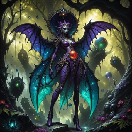highly detailed, intricate, detailed background, famous artwork inspired by (amanda clark:1.2) and (steve prescott:1.1) and (raymond swanland:1.1), fractal art, gothic scifi style, dynamic angle, the worryingly (beautiful:1.8) "xenial soulmonderess" is a highly poisonous life form with (brightly colored intricate wings:1.1), they inhabit the enchanted confrectioned glades of the lush forests of planet "fransilicar tertius" hunting the air for the softly (glowing spores:1.3) of the psorbified lormshmogtree, golden ratio, in the style of ck-ovf, amanoer, arsmjstyle, dnddarkestfantasy, aidmamj6.1,
<lora:style-oneviolentfantasy-ep21-flux-by_chronoknight:0.48>
<lora:style-yoshitaka_amano-elden_ring-flux-by_alicient:0.32>
<lora:style-dnd_dark_fantasy-flux-by_arsmachina:0.68>
<lora:midjourney_61-v0.4-flux-by_aidma:0.52>
<lora:faetastic_details-flux-by_faeia:0.8>