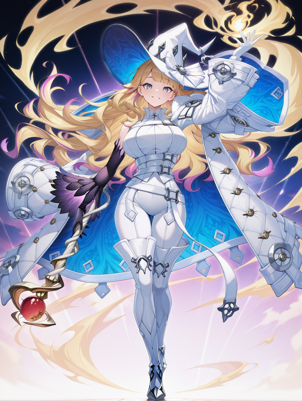 diabellze the original sinkeeper,1girl,solo,large breasts,full body,yellow ghost fire,looking at viewer,smile,holding staff,staff,white witch hat,white thigh boots,white bodysuit,white coat,single purple elbow glove,arm up,
masterpiece,best quality,amazing quality,very aesthetic,absurdres,newest,<lora:diabellstar the black witch and original sinkeeper illuXL v1.2:0.8>,