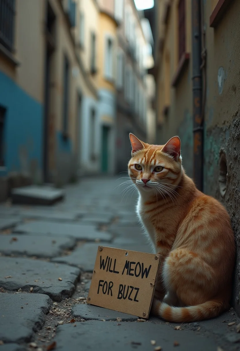 photorealistic picture of a sad cat, crying, poverty, beggar cat, delapidated city alleyway, A sign that says "will meow for buzz" next to cat,