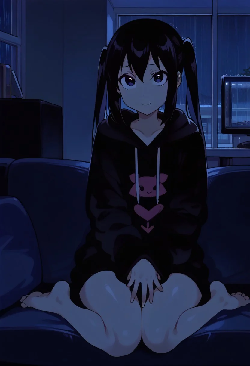 score_9, score_7_up BREAK 1girl, azusa nakano, black hair, twintails, simple eyes, black eyes, black hoodie, loose hoodie, oversized hoodie, long sleeves, sleeves over hands, television, tv, tv light, perfect legs, barefoot, indoors, night, couch, sitting on couch, nervous smile, looking at viewer, raining outside, rain on window, apartment,