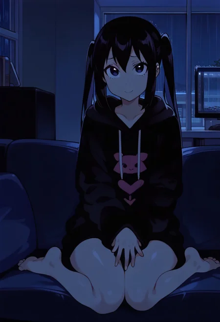 score_9, score_7_up BREAK 1girl, azusa nakano, black hair, twintails, simple eyes, black eyes, black hoodie, loose hoodie, oversized hoodie, long sleeves, sleeves over hands, television, tv, tv light, perfect legs, barefoot, indoors, night, couch, sitting on couch, nervous smile, looking at viewer, raining outside, rain on window, apartment,