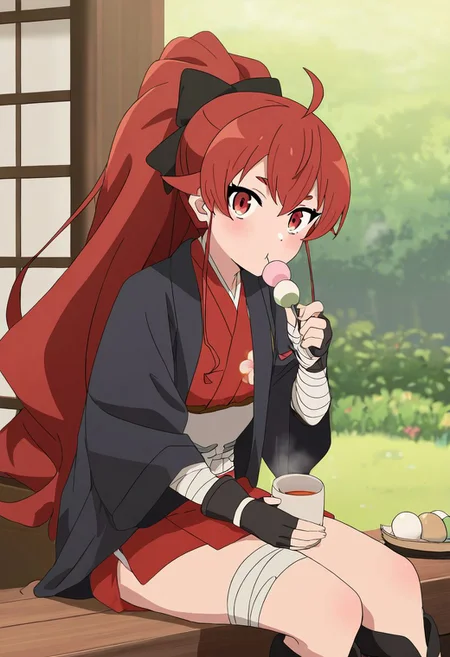masterpiece, best quality, newest, absurdres, highres, detailed eyes, beautiful, detailed background, perfect eyes, anime coloring, 1girl, solo, eris greyrat, red hair, very long hair, high ponytail, hair bow, hair between eyes, sidelocks, ahoge, thick eyebrows, red eyes, small breasts, samurai, japanese clothes, red short kimono, flower pattern, long sleeves, wide sleeves, black fingerless gloves, bandaged leg, boots, sitting, bench, looking at viewer, cowboy shot, masterpiece, best quality, newest, absurdres, highres, safe, (outdoors, tea house, mug, steam, holding food, dango, eating, sengoku japan, east asian arquitecture:1.2), <lora:eris_mskt_xl_v2:0.8>