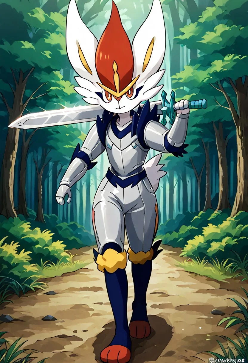 Cinderace, light steel armor, steel sword, holding sword-over-shoulder, weapon over shoulder, walking through forest, wind