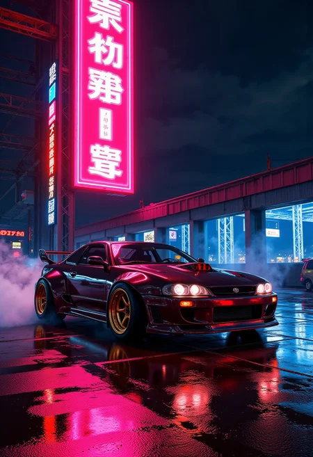 DB4RZ style painting,((Toyota Celica T23 :1.3), Germany, 3/4 front view of ((futuristic cyberpunk hotrod zeekars)) (with glowing tires), in parking lot), big neon sign, racing, multiple cars, beautiful scenery flowing at high speeds, cars with sweaty hands and feeling of speed (with glowing tires), midnight, dynamic angle, racing, motion, multiple cars (beautiful scenery flowing at high speeds, cars with sweaty hands and feeling of speed:1.4), detailed textures, high quality, high resolution, high precision, illustration, color correction, proper lighting setup, harmonious composition, work from Behance, <lora:Dieselcore:0.7> d1eselc0re <lora:Glitchcore_Flux:0.4> gl1tchc0re