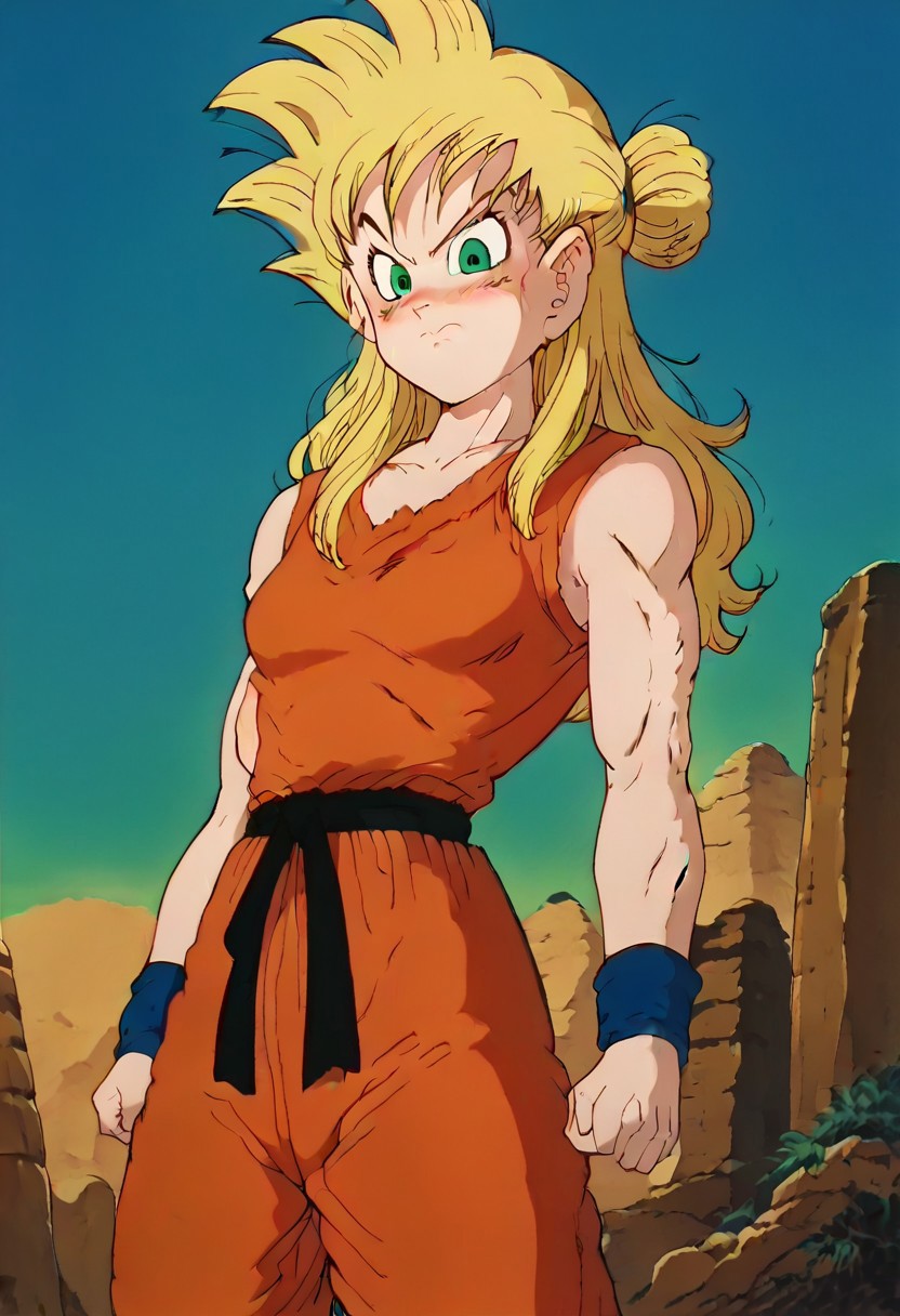 score_9, score_8_up, score_7_up, zPDXLpg, dbstyle, 1girl, solo, , GGokuSS, blonde hair, green eyes, big eyeballs , spiked hair , long hair  , hair up ,  eyelash , lips  , cute , blush ,  medium breast , muscle , wide hips, narrow waist, frown, angry, Torn clothes, orange dougi, blue sash, blue wristband, sleeveless , orange pants, orange topwear,  blue undershirt, closed_mouth, low angle, fullbody shot, looking down at viewer, outdoors, blue sky, sun, desert