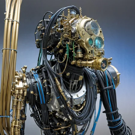 Blame! by Tsutomu Nihei steampunk cyborg, black oil splatter, is flying through a void of blue, golden plated cables everywhere, translucent glass head, pipes in background, black smoke, green everywhere, steam everywhere, steam everywhere, titanium everywhere, electric everywhere, easynegative, ng_deepnegative_v1_75t
