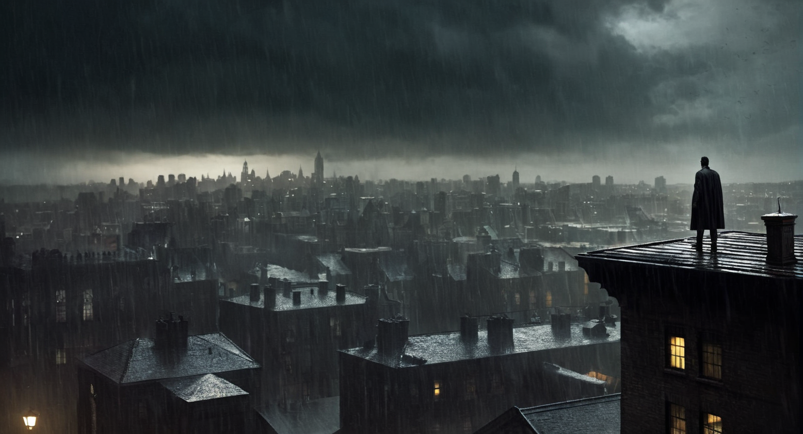 Dark Fantasy Art of  <lora:Gotham City:1.2>
Gotham City a man standing on top of a roof in the rain, dark, moody, dark fantasy style