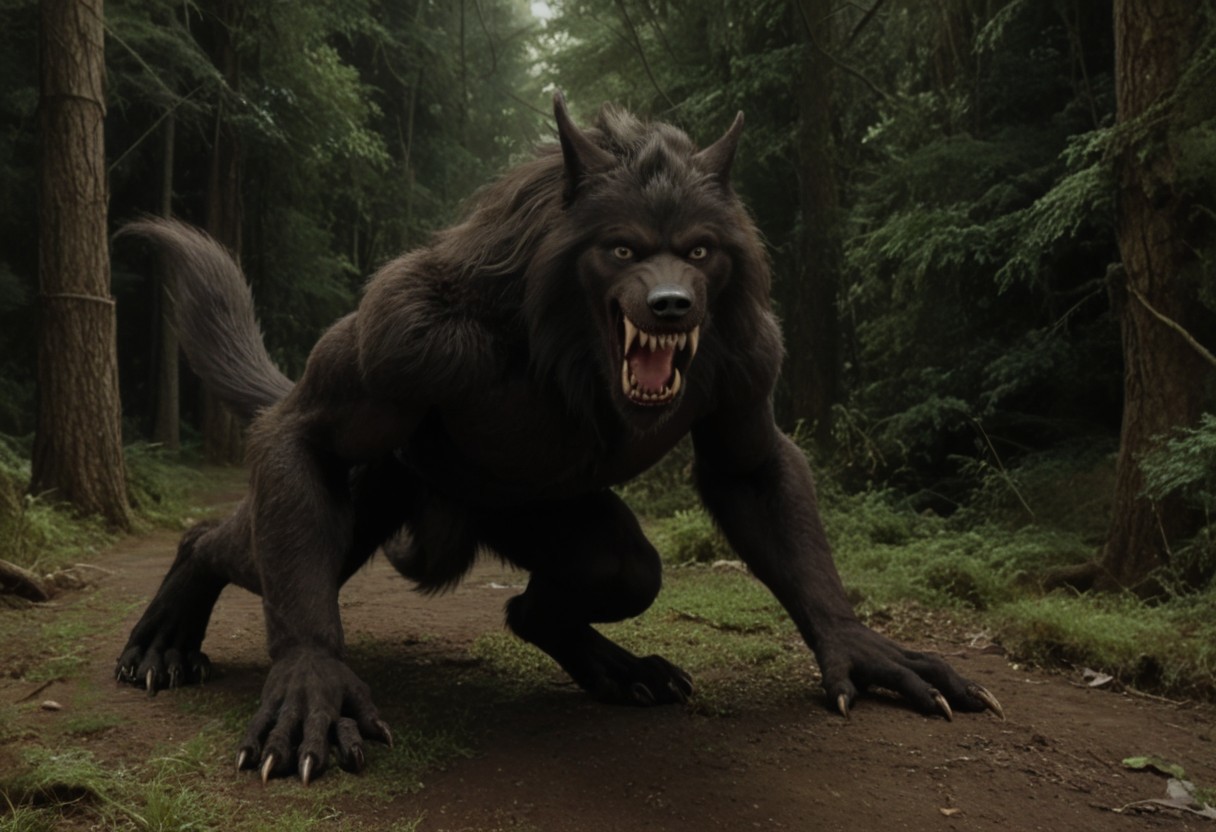 score 9, score 8, score 7, score 6, 1boy, furry male, solo, black fur, animal ears, yellow eyes, sharp teeth, claws, werewolf on down on all paws with tail in the air, (wagging tail, trying to look friendly), forest