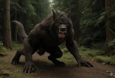score 9, score 8, score 7, score 6, 1boy, furry male, solo, black fur, animal ears, yellow eyes, sharp teeth, claws, werewolf on down on all paws with tail in the air, (wagging tail, trying to look friendly), forest