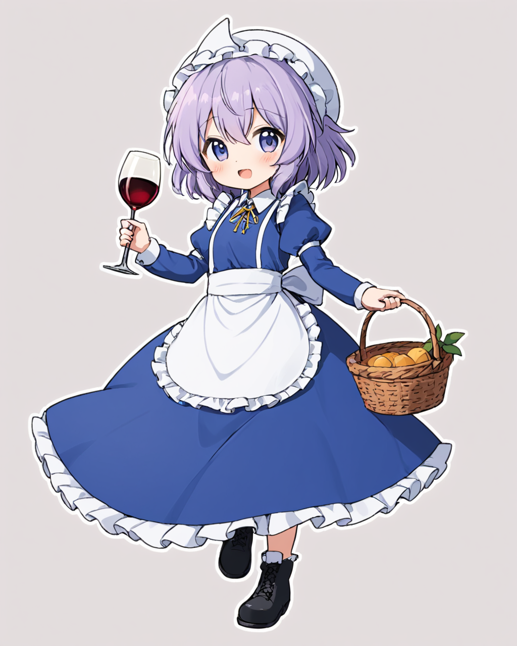 letty whiterock,1girl, solo, full_body, open_mouth, long_sleeves, black_footwear, white_headwear, boots, wine_bottle, white_apron, black_dress, white_background, looking_at_viewer, enmaided, holding_basket, frills, blush, :d, mob_cap, bow, puffy_sleeves, simple_background, standing, signature, maid_apron, blue_dress, walking
<lora:letty_whiterock_image2226_2023-12-17-000010:1>,star-shaped_pupils,symbol-shaped_pupils,. gorgeous,key visual, vibrant, studio anime,award-winning, professional, highly detailed,high budget, cinemascope