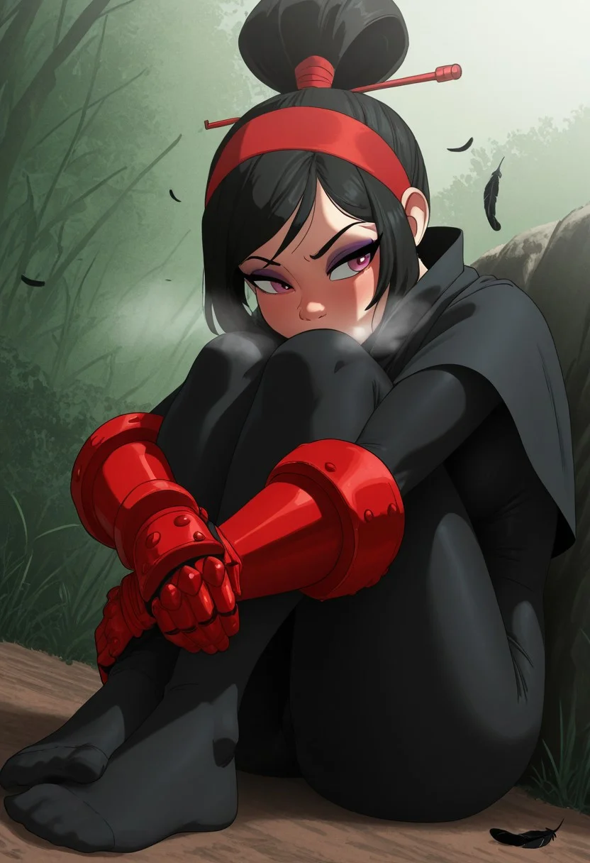 inkercomics, outdoors, undershirt, falling feathers, black bodysuit, hair stick, hugging own legs, , gauntlets, eyeshadow, red gloves, high ponytail, , black capelet, red hairband, pink eyes, 1girl, solo, feet, visible breath, dynamic angle, foreshortening, smell, steam,