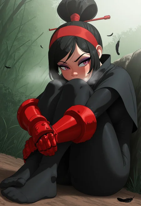 inkercomics, outdoors, undershirt, falling feathers, black bodysuit, hair stick, hugging own legs, , gauntlets, eyeshadow, red gloves, high ponytail, , black capelet, red hairband, pink eyes, 1girl, solo, feet, visible breath, dynamic angle, foreshortening, smell, steam,