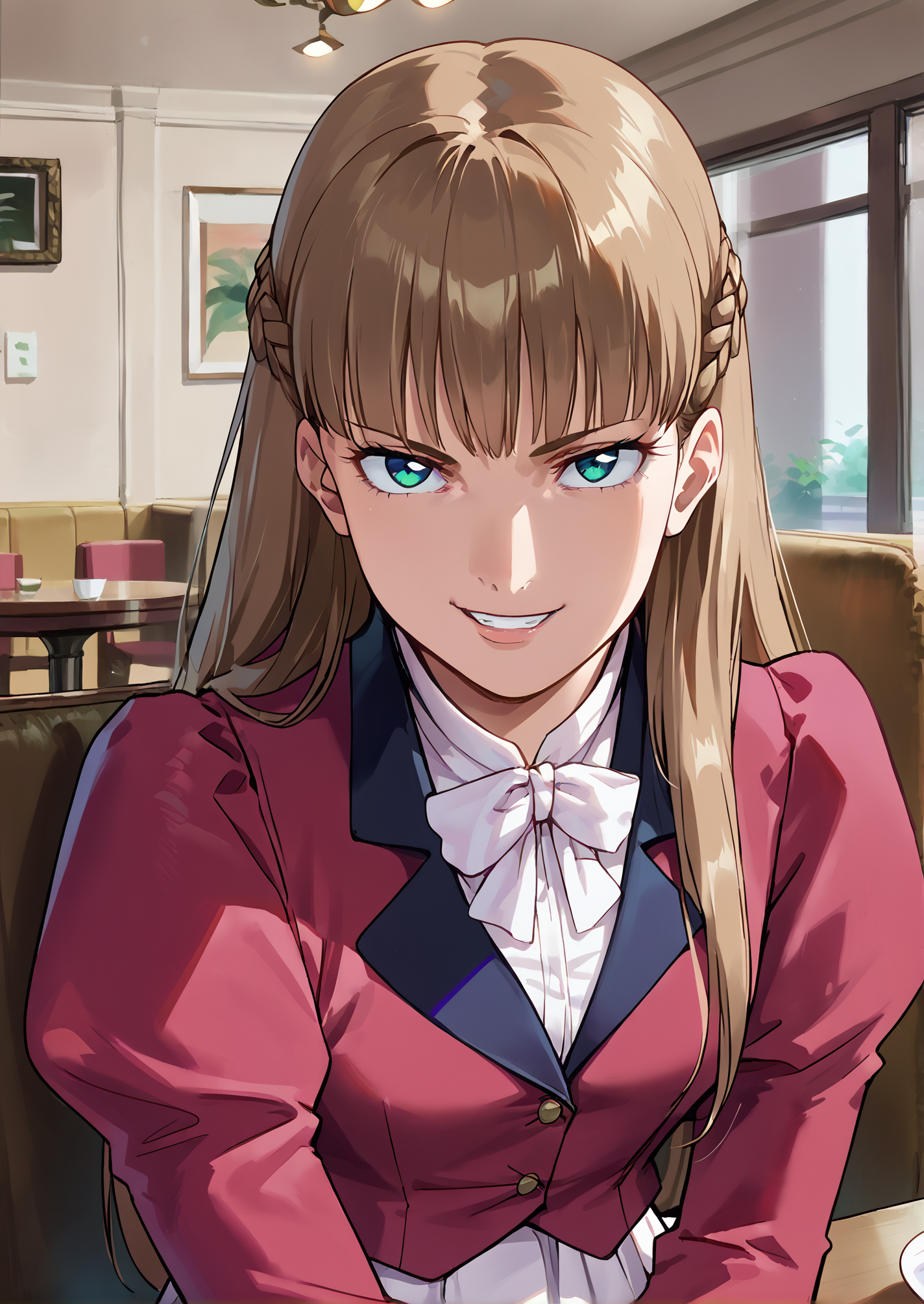 score_9,score_8_up,score_7_up,masterpiece, best quality, <lora:WHM 0.2v:0.5>, WHM, 2D,anime,
 smile, grin, evil smile, looking at viewer, upper body, <lora:JustAsPlannedMeme_pdxl_Incrs_v1:0.9>, 1girl, 
 looking up, 
BREAK
<lora:Relena_Darlian_Gundam_Wing_Pony:0.8>,relena,1girl,solo,blue eyes,brown hair,long hair,bangs,side braids,white shirt,bowtie,red jacket,juliet sleeves,pleated skirt,white skirt,sitting,indoors,cafe,looking at viewer,green eyes,
