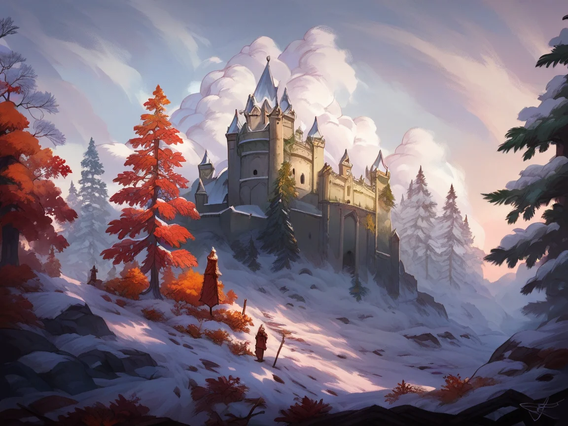 score_9, score_8_up, score_7_up, score_6_up, score_5_up, <lora:Sul31m4n0vXLP:1> sul31m4n0v, very wide shot, castle, cloud, old, snow, forest, pine tree, autumn leaves
