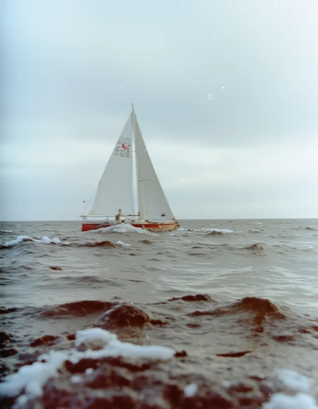 c41_hasselblad_portra400_FLUX, instagram photo of a sailboat in heavy sea, film grain, soft shadows