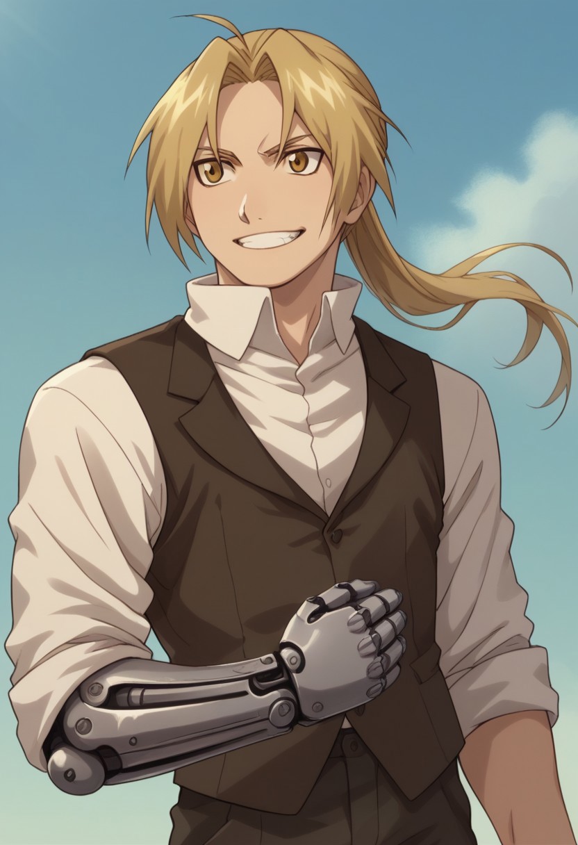 score_9, score_8_up, score_7_up, source_anime, highly detailed, 

edwardelric, 1boy, solo, blonde hair, male focus, yellow eyes, ponytail, pants, ahoge, shirt, long hair, white shirt, vest, upper body,
mechanical arms, single mechanical arm,

upper body, slender, skinny, grin,

outdoor, fighting stance