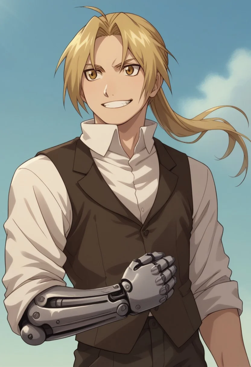 score_9, score_8_up, score_7_up, source_anime, highly detailed, 

edwardelric, 1boy, solo, blonde hair, male focus, yellow eyes, ponytail, pants, ahoge, shirt, long hair, white shirt, vest, upper body,
mechanical arms, single mechanical arm,

upper body, slender, skinny, grin,

outdoor, fighting stance