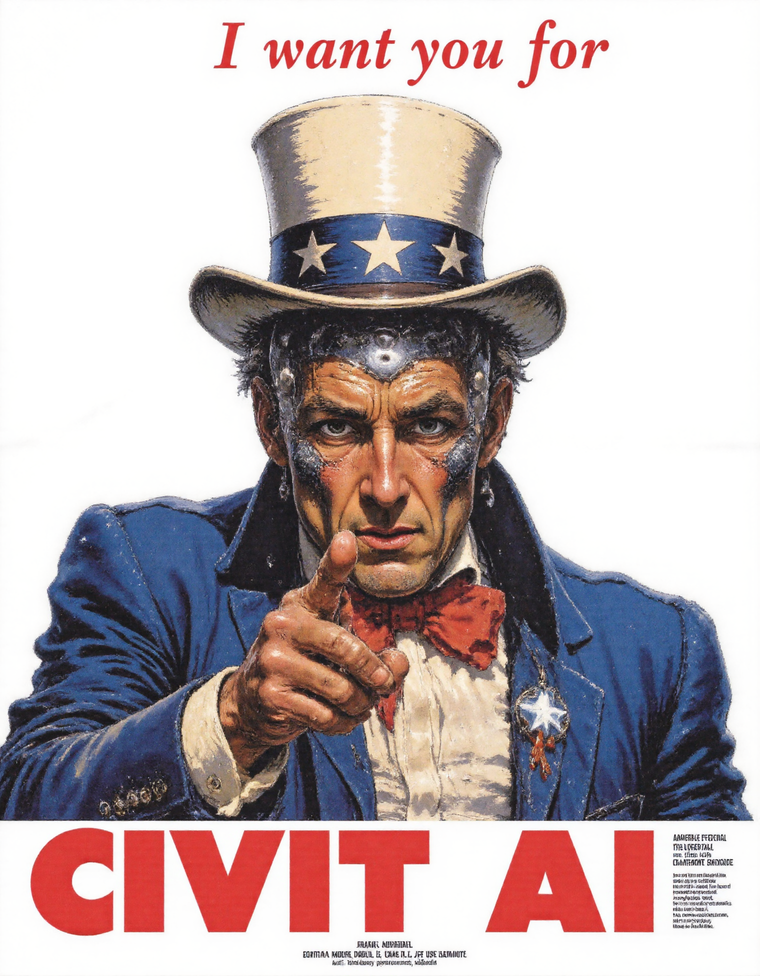 This image is a photo poster of a futuristic propaganda poster for a sci-fi state Army. It features a portrait of an android, pointing his metallic finger at the viewer with a serious expression on his face. He is wearing a futuristic blue suit and a white top hat with a red ribbon around his neck. The background is white, and with text:"I want you for CIVIT AI" The text is in red and is in a bold font.  <lora:zy_Flux_Posters:1> <lora:TextimproverV0.4:0.65> aidmaTextImprover,  <lora:VividlySurreal:0.3>