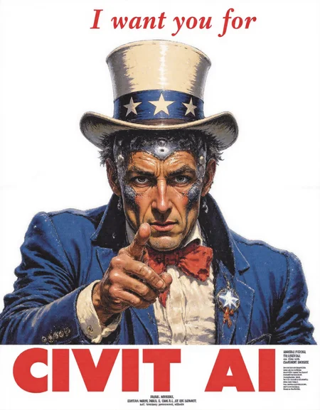 This image is a photo poster of a futuristic propaganda poster for a sci-fi state Army. It features a portrait of an android, pointing his metallic finger at the viewer with a serious expression on his face. He is wearing a futuristic blue suit and a white top hat with a red ribbon around his neck. The background is white, and with text:"I want you for CIVIT AI" The text is in red and is in a bold font.  <lora:zy_Flux_Posters:1> <lora:TextimproverV0.4:0.65> aidmaTextImprover,  <lora:VividlySurreal:0.3>
