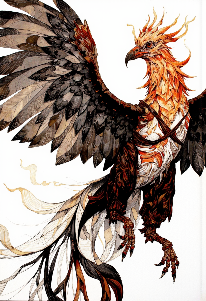 A phoenix in mid-burnout, wings shattered into origami folds, its body unraveling in stitched-together cloth and charred linework, flickering between despair and rebirth; its feathers a swirling chaos of black ash and luminous rose gold. Like a folk myth redrawn by a grief-stricken futurist in ink and fire.