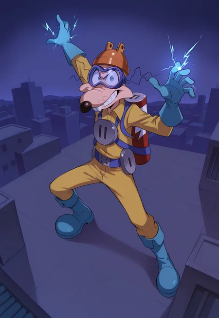safe_pos, score_9, score_8_up, score_7_up, score_6_up, score_5_up, score_4_up, 1boy, solo, looking at viewer, anthro, megavolt, orange helmet, safety goggles, buck teeth, two protruding hairs on each side, four fingers, yellow overall, red battery on back, plug on chest, blue gloves, blue boots, evil smiling, rooftop setting, perspective, dynamic pose, electrokinesis, electricity
